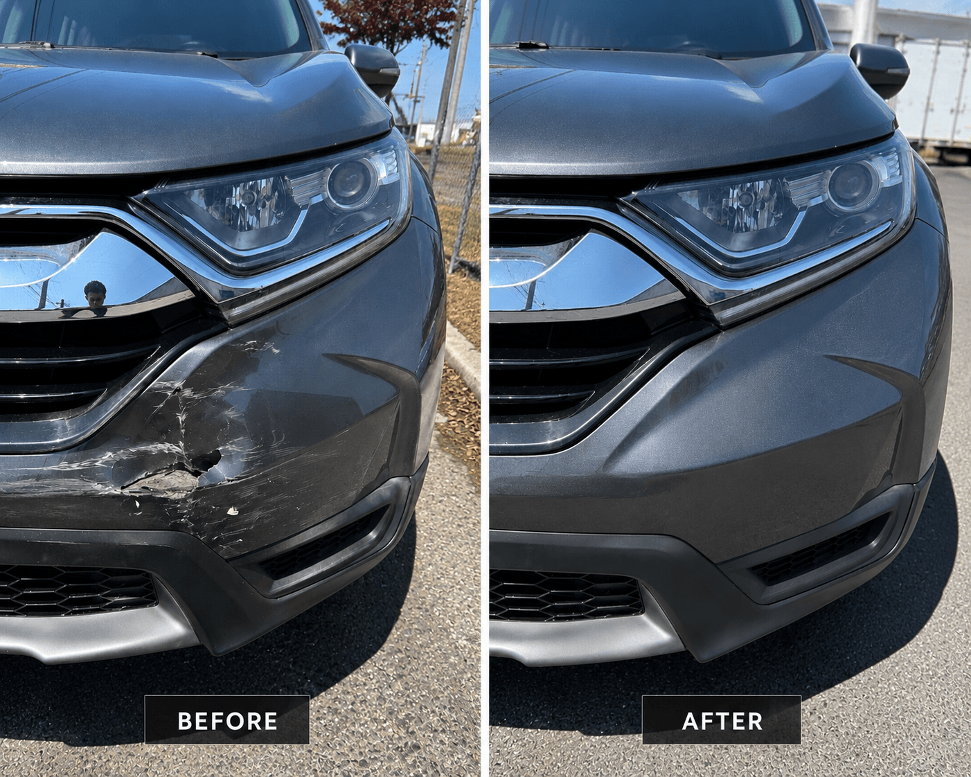 Before and after: collision damage repaired on an SUV front bumper