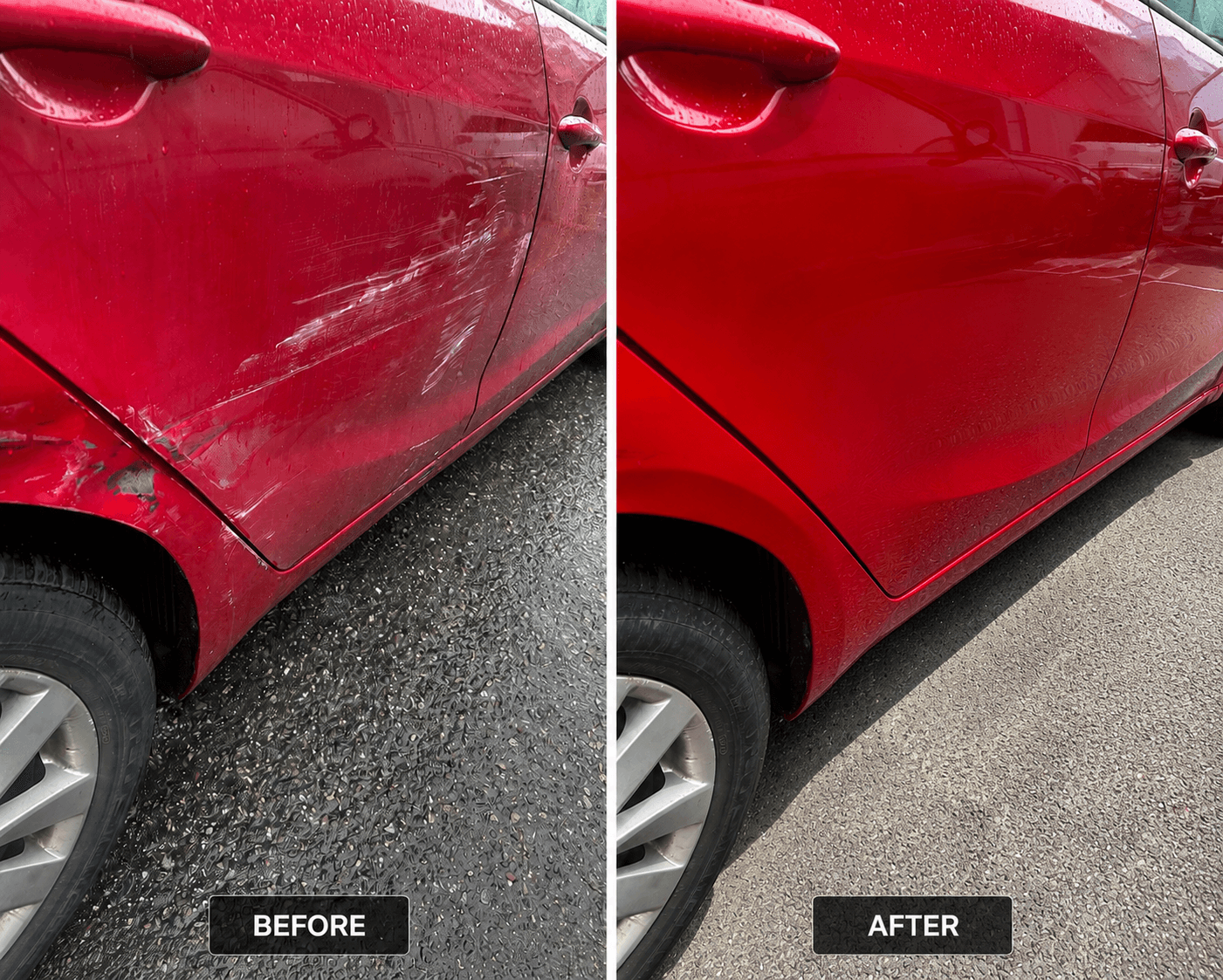Before and after: dented and scratched door panel restored on a red car